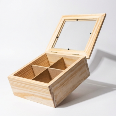 Caja de té pino - Tapa con vidrio